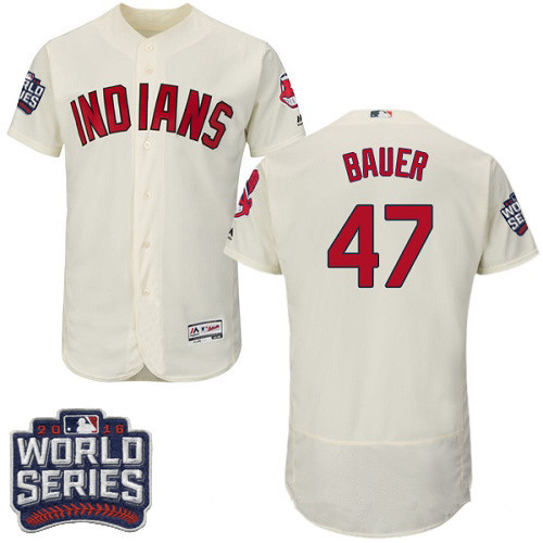 Men's Cleveland Indians #47 Trevor Bauer Cream 2016 World Series Patch Stitched MLB Majestic Flex Base Jersey_副本