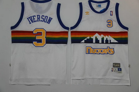 Men's Denver Nuggets #3 Allen Iverson White Rainbow Hardwood Classics Soul Swingman Throwback Jersey