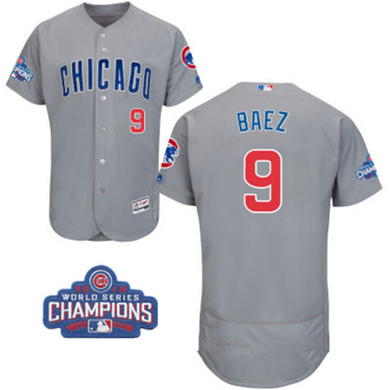 Men's Chicago Cubs #9 Javier Baez Gray Road Majestic Flex Base 2016 World Series Champions Patch Jersey