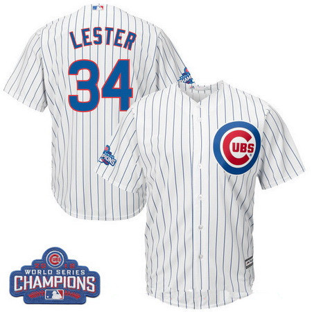 Men's Chicago Cubs #34 Jon Lester Majestic White Home 2016 World Series Champions Team Logo Patch Player Jersey