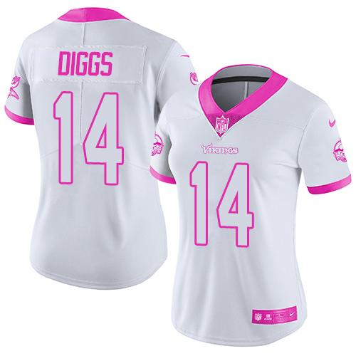 Nike Vikings #14 Stefon Diggs White Pink Women's Stitched NFL Limited Rush Fashion Jersey