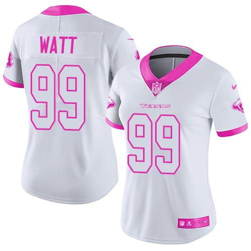 Nike Texans #99 J.J. Watt White Pink Women's Stitched NFL Limited Rush Fashion Jersey