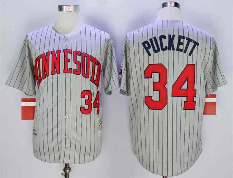 Men's Minnesota Twins #34 Kirby Puckett Grey 1987 Throwback Jersey