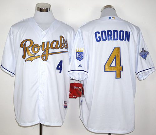 Royals #4 Alex Gordon White 2015 World Series Champions Gold Program Stitched MLB Jersey