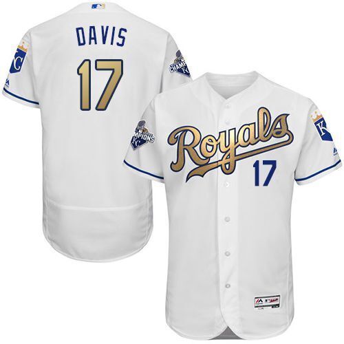 Men's Kansas City Royals #17 Wade Davis Majestic White World Series Champions Gold Program FlexBase Player Jersey