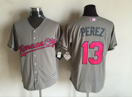 Men's Kansas City Royals #13 Salvador Perez Gray With Pink 2016 Mother's Day Baseball Cool Base Jersey