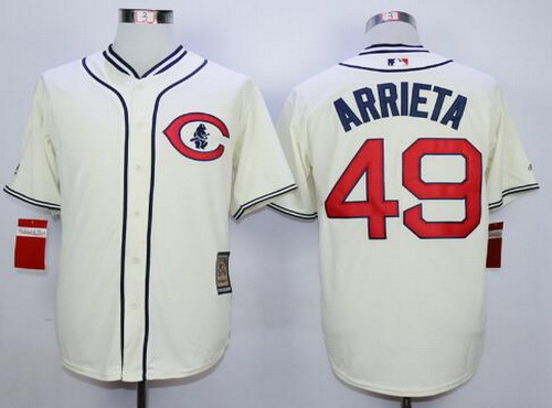 Men's Chicago Cubs #49 Jake Arrieta Cream 1929 Majestic Cooperstown Collection Throwback Jersey