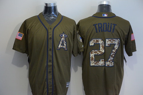 Men's LA Angels of Anaheim #27 Mike Trout Green Salute to Service Majestic Baseball Jersey