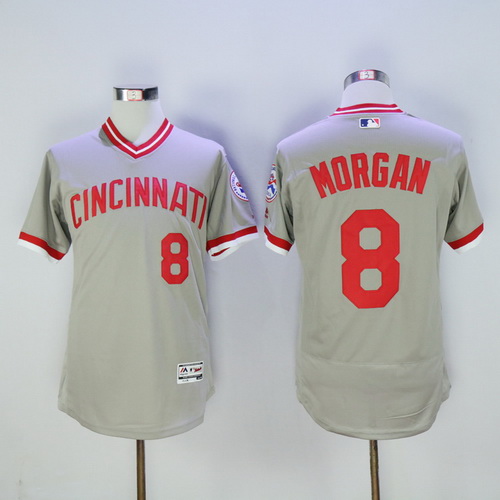 Men's Cincinnati Reds #8 Joe Morgan Retired Gray Pullover 2016 Flexbase Majestic Baseball Jersey