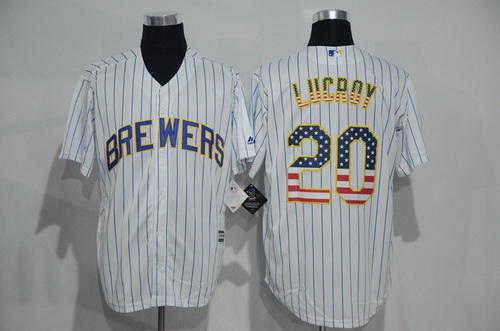 Men's Milwaukee Brewers #20 Jonathan Lucroy White Pinstripe USA Flag Fashion MLB Baseball Jersey