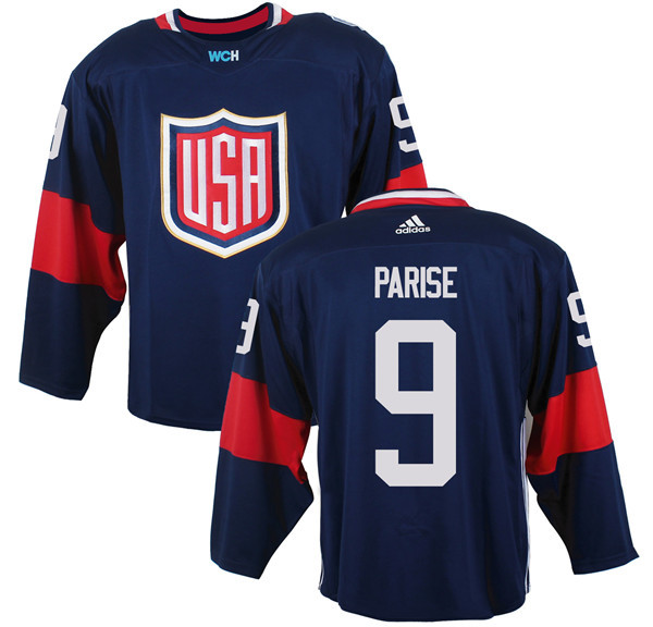 Men's Team USA #9 Zach Parise Navy Blue 2016 World Cup of Hockey Game Jersey