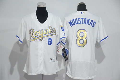 Women's Kansas City Royals #8 Mike Moustakas White Champions Gold Program 2016 FlexBase Jersey