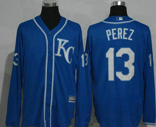 Men's Kansas City Royals #13 Salvador Perez Navy Blue KC Long Sleeve Stitched MLB Majestic Cool Base Jersey