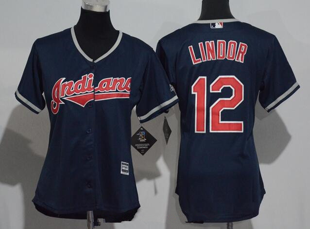 Women's Cleveland Indians #12 Francisco Lindor Navy Blue Stitched MLB Majestic Cool Base Jersey