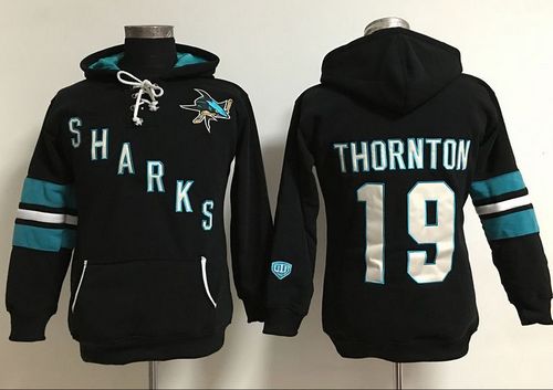 San Jose Sharks #19 Joe Thornton Black Women's Old Time Heidi Hoodie NHL Hoodie