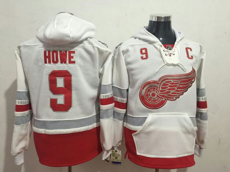 Red Wings 9 Gordie Howe White All Stitched Hooded Sweatshirt