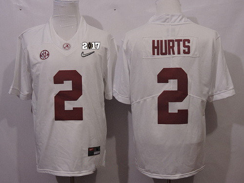 Men's Alabama Crimson Tide #2 Jalen Hurts White Diamond Quest 2017 Championship Game Patch Stitched CFP Nike Limited Jersey