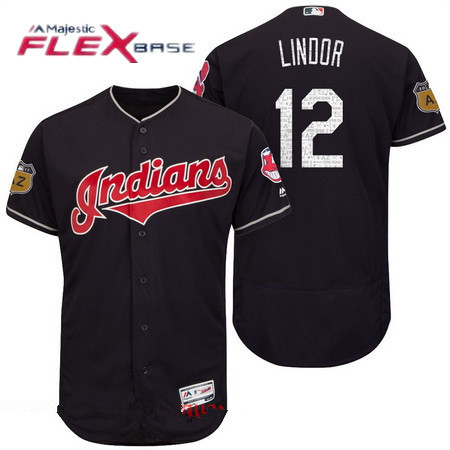 Men's Cleveland Indians #12 Francisco Lindor Navy Blue 2017 Spring Training Stitched MLB Majestic Flex Base Jersey