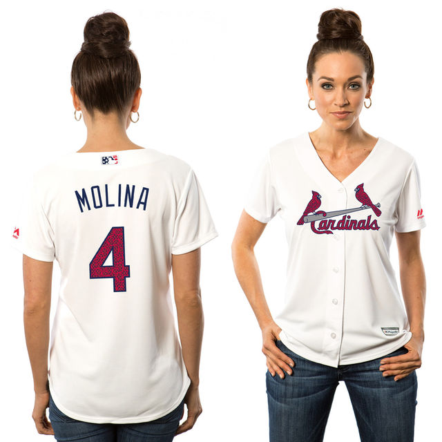 Women's St. Louis Cardinals #4 Yadier Molina White Stars & Stripes Fashion Independence Day Stitched MLB Majestic Cool Base Jersey