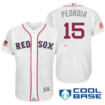 Men's Boston Red Sox #15 Dustin Pedroia White Stars & Stripes Fashion Independence Day Stitched MLB Majestic Cool Base Jersey