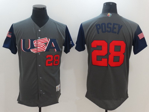 Men's Team USA Baseball Majestic #28 Buster Posey Gray 2017 World Baseball Classic Stitched Authentic Jersey