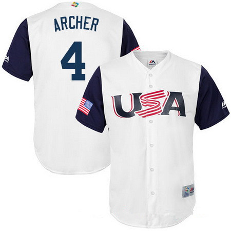 Men's Team USA Baseball Majestic #4 Chris Archer White 2017 World Baseball Classic Stitched Replica Jersey