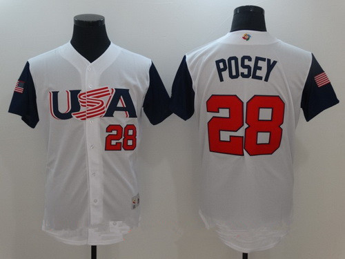 Men's Team USA Baseball Majestic #28 Buster Posey White 2017 World Baseball Classic Stitched Authentic Jersey