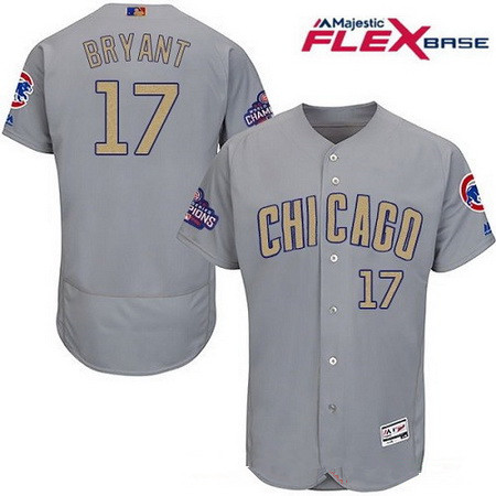 Men's Chicago Cubs #17 Kris Bryant Gray World Series Champions Gold Stitched MLB Majestic 2017 Flex Base Jersey