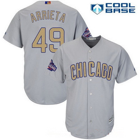 Men's Chicago Cubs #49 Jake Arrieta Gray World Series Champions Gold Stitched MLB Majestic 2017 Cool Base Jersey