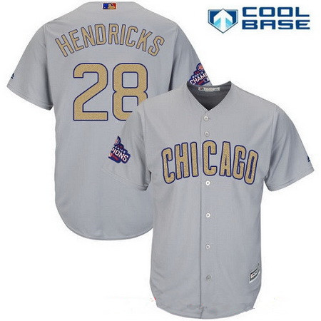 Men's Chicago Cubs #28 Kyle Hendricks Gray World Series Champions Gold Stitched MLB Majestic 2017 Cool Base Jersey