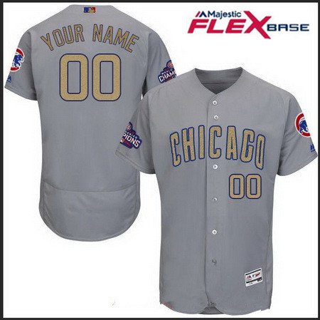 Men's Chicago Cubs Gray Road 2016 World Series Champions Patch Gold Program Majestic 2017 Flex Base Custom Baseball Jersey