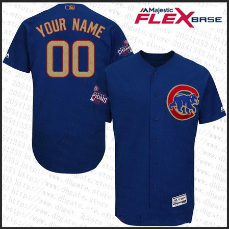 Men's Chicago Cubs Royal Blue 2016 World Series Champions Patch Gold Program Majestic 2017 Flex Base Custom Baseball Jersey