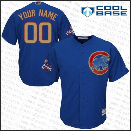 Men's Chicago Cubs Royal Blue 2016 World Series Champions Patch Gold Program Majestic 2017 Cool Base Custom Baseball Jersey