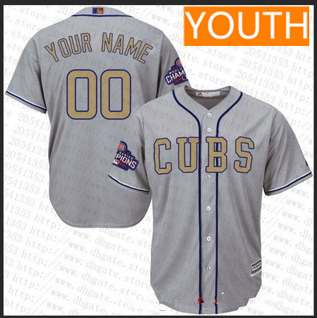 Youth Chicago Cubs Gray 2016 World Series Champions Patch Gold Program Majestic 2017 Cool Base Custom Baseball Jersey