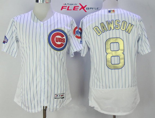 Men's Chicago Cubs #8 Andre Dawson Retired White World Series Champions Gold Stitched MLB Majestic 2017 Flex Base Jersey