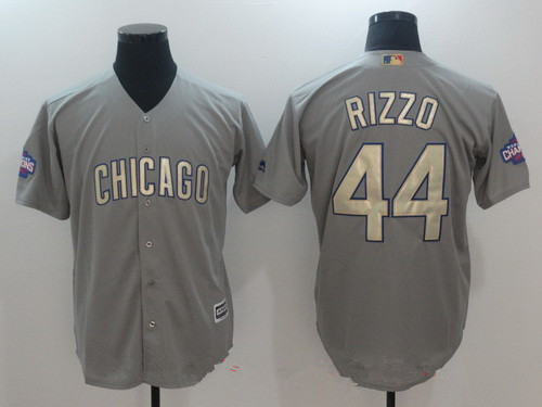 Men's Chicago Cubs #44 Anthony Rizzo Gray World Series Champions Gold Stitched MLB Majestic 2017 Cool Base Jersey