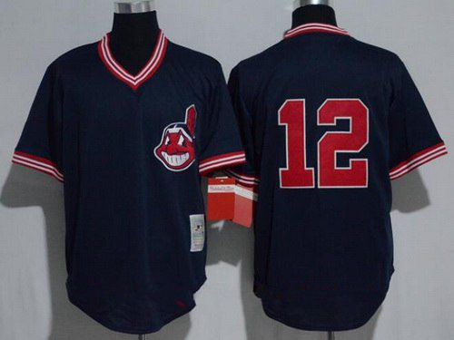 Men's Cleveland Indians #12 Francisco Lindor Navy Blue Throwback Mesh Batting Practice Stitched MLB Mitchell & Ness Jersey