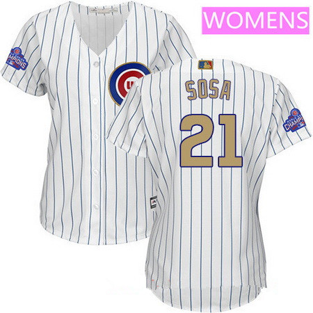 Women's Chicago Cubs #21 Sammy Sosa White World Series Champions Gold Stitched MLB Majestic 2017 Cool Base Jersey