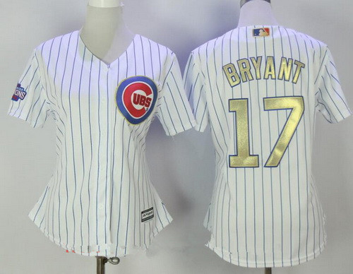 Women's Chicago Cubs #17 Kris Bryant White World Series Champions Gold Stitched MLB Majestic 2017 Cool Base Jersey