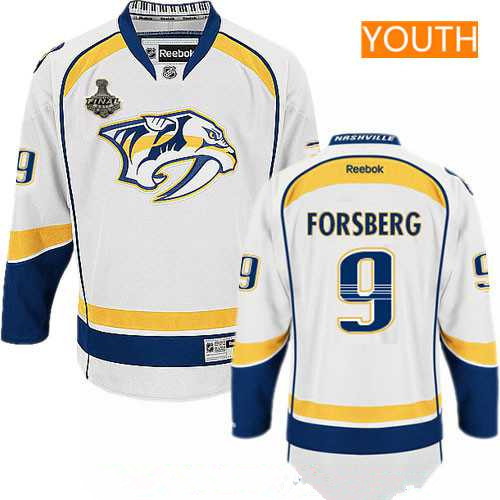 Youth Nashville Predators #9 Filip Forsberg White 2017 Stanley Cup Finals Patch Stitched NHL Reebok Hockey Jersey