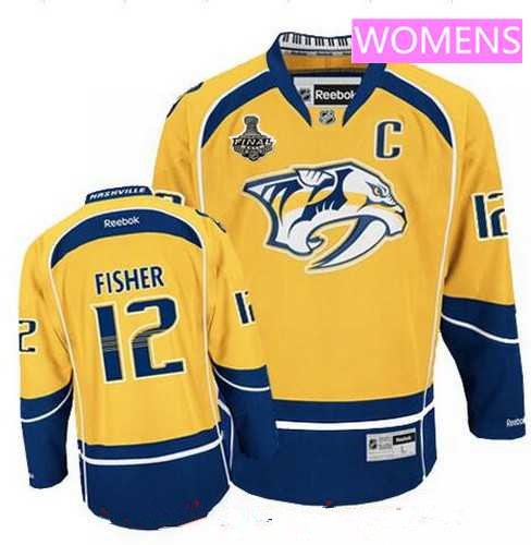 Women's Nashville Predators #12 Mike Fisher Yellow 2017 Stanley Cup Finals C Patch Stitched NHL Reebok Hockey Jersey