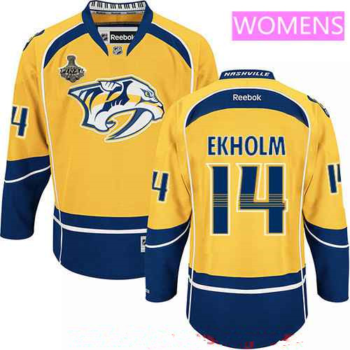 Women's Nashville Predators #14 Mattias Ekholm Yellow 2017 Stanley Cup Finals Patch Stitched NHL Reebok Hockey Jersey