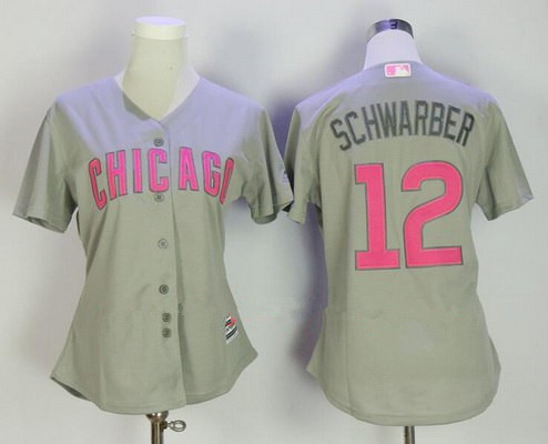 Women's Chicago Cubs #12 Kyle Schwarber Gray with Pink Mother's Day Stitched MLB Majestic Cool Base Jersey