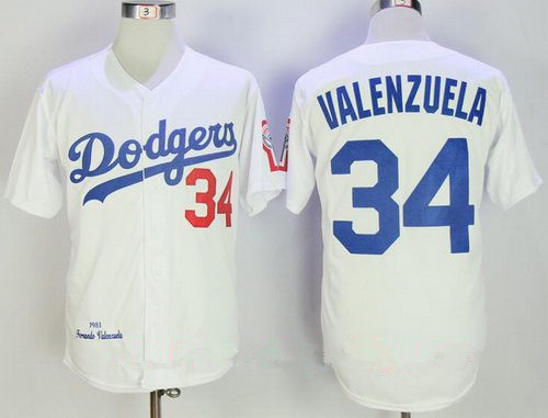 Men's Los Angeles Dodgers #34 Fernando Valenzuela White 1981 Throwback Cooperstown Collection Stitched MLB Mitchell & Ness Jersey