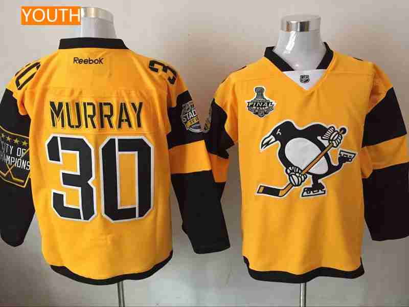 Youth Pittsburgh Penguins #30 Matt Murray Yellow Stadium Series 2017 Stanley Cup Finals Patch Stitched NHL Reebok Hockey Jersey