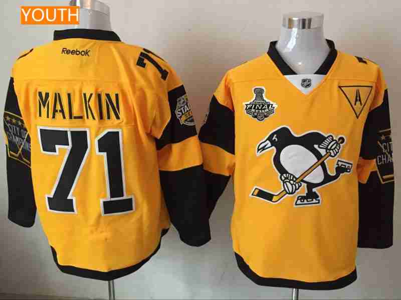 Youth Pittsburgh Penguins #71 Evgeni Malkin Yellow Stadium Series 2017 Stanley Cup Finals Patch Stitched NHL Reebok Hockey Jersey