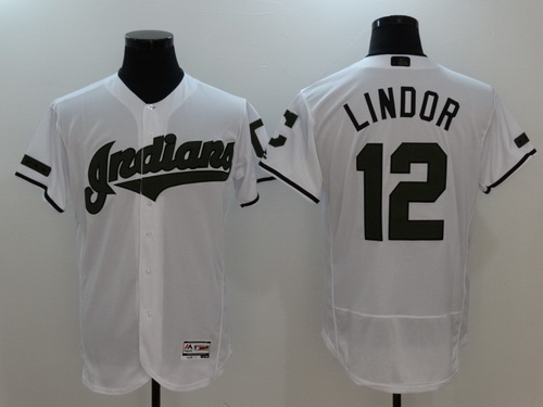 Men's Cleveland Indians #12 Francisco Lindor White With Green Memorial Day Stitched MLB Majestic Flex Base Jersey