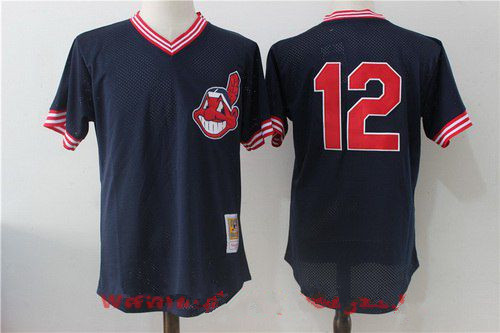 Men's Cleveland Indians #12 Francisco Lindor Navy Blue Throwback Mesh Batting Practice Stitched MLB Mitchell & Ness Jersey