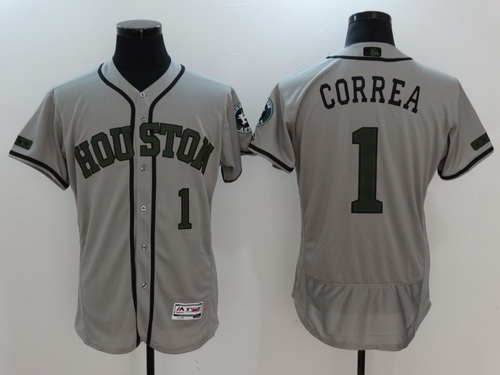 Men's Houston Astros #1 Carlos Correa Gray With Green Memorial Day Stitched MLB Majestic Flex Base Jersey