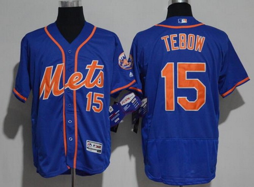 Men's New York Mets #15 Tim Tebow Royal Blue with Orange Stitched MLB 2017 Majestic Flex Base Jersey